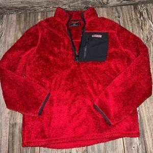 Vineyard Vines Stillwater Sherpa Quarter Zip Red Velvet Fleece Gray Pocket Large